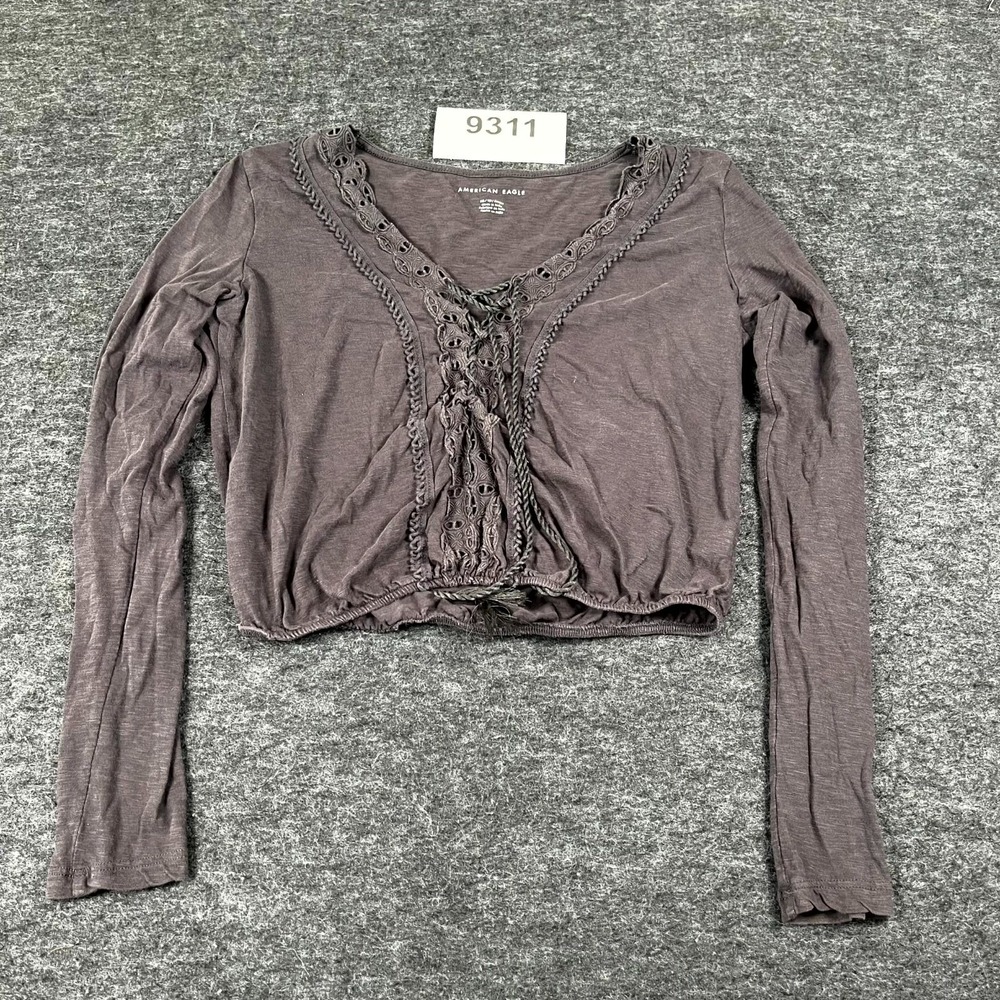 American Eagle Outfitters Lace Up Crop Top Blouse Womens XS Gray Crochet Boho